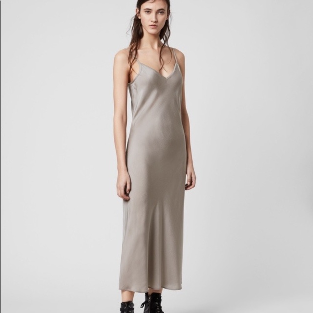 All saints tierny midi silk slip dress taupe